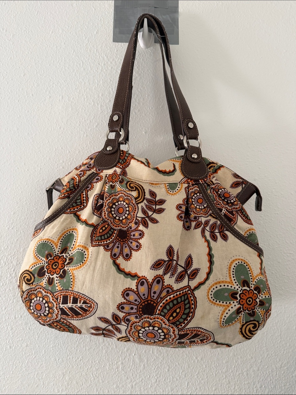 Floral Canvas Shoulder Bag with Brown Trim - Cream & Green